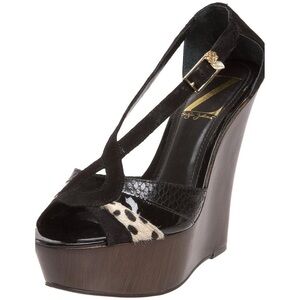 Sergio Zelcer Black Leather & Calf Hair Wedge Sandals Size 8